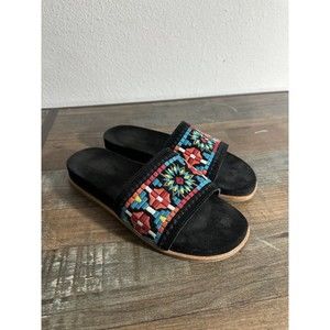 Johnny Was SZ 7M Embroidered Flat Slides Sandals Leather Black Multicolor Womens